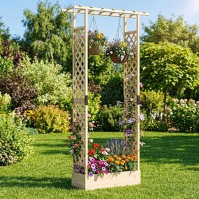 Floreira de jardim 110 x 35 x 227 cm elevada em madeira com treliça, teto suspenso, orifícios de drenagem, abeto, para plantas trepadeiras, natural