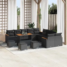 Conjunto de Sofá de Jardim com 14 Peças com Almofadas Preto Rattan Policarbonado Acácia