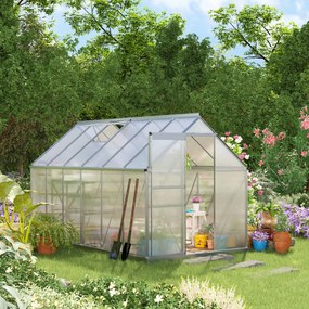 Estufa de jardim em policarbonato com 7,1 m², 1,9 m (L) x 3,75 m (C) x 1,99 m (A), com fundação, claraboia ajustável e porta de correr - Prateada e tr