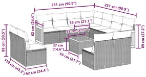 12 pcs conjunto de sofás de jardim c/ almofadões vime PE preto