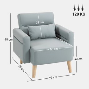 Poltrona Moderna Estofada em Couro Sintético com Apoios de Braço Acolchoados e Pés em Madeira 77x78x78 cm Cinzento