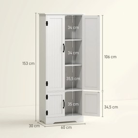 Armário de cozinha contemporâneo 60 x 30 x 153 cm com múltiplas opções de arrumação, 2 armários e 3 prateleiras, em MDF (painéis de partículas) branco