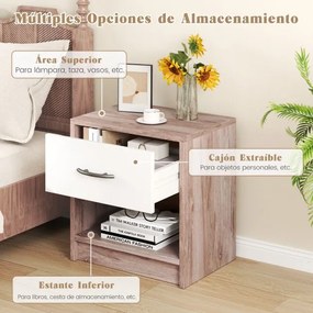 Mesa de cabeceira com 1 gaveta com Estante aberta compacta para espaços pequenos cor Carvalho+Branco