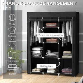 Guarda roupa com várias opções de arrumação 125 L x 43 P x 162,5 A cm - 8 prateleiras, 2 varões - tecido não tecido preto