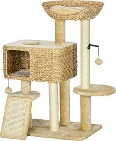 Arranhador  para gatos com arranhador, nicho, cesto de observação, plataformas e pompons suspensos, 60 x 40 x 98 cm, bege