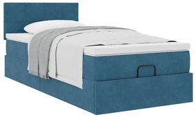 Estrutura cama otomana com colchão azul escuro 90x190cm veludo