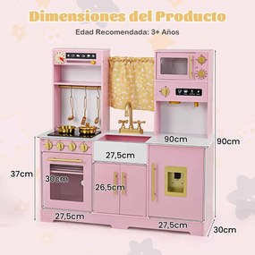 Conjunto de cozinha para crianças com cafeteira, dispensador de água, fogão, pia e torneira para crianças acima de 3 anos, 90 x 30 x 90 cm, rosa claro