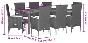 9 pcs conjunto de jantar p/ jardim c/ almofadões vime PE preto