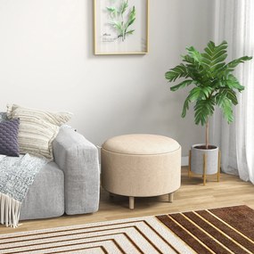 Pufe redondo, apoio para os pés 56 L x 56 P x 42 A cm e banco com compartimento de arrumação, tabuleiro reversível, móvel 3 em 1 com pernas em madeira