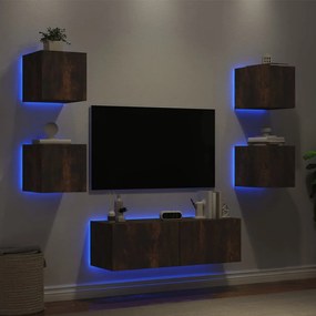 5 pcs móveis de parede para TV com luzes LED carvalho fumado