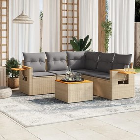 6 pcs conjunto de sofás p/ jardim com almofadões vime PE bege