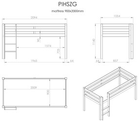 Cama alta de Criança PINO 90 x 200 cm + estrado + escada Cinzenta