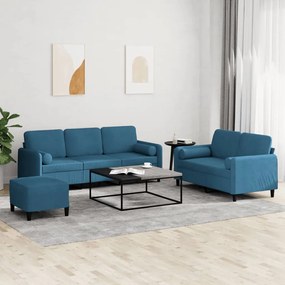 3 pcs conjunto de sofás com almofadas veludo azul