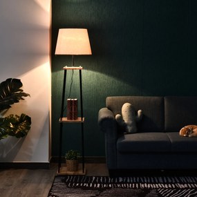 Candeeiro de pé de design contemporâneo, 40 x 40 x 160 cm, 40 W máx., 3 prateleiras integradas em madeira maciça de pinho, metal preto e linho bege e