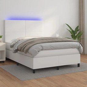 Cama box spring c/colchão/LED 140x200cm couro artificial branco