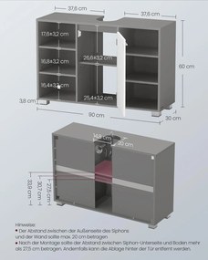 Armário para lavatório (NÃO INCLUIDO) com prateleiras ajustáveis 30 x 90 x 60 cm Cinzento + Branco