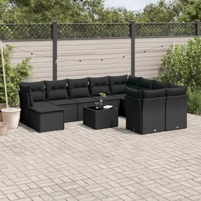 11 pcs conjunto sofás de jardim c/ almofadões vime PE preto