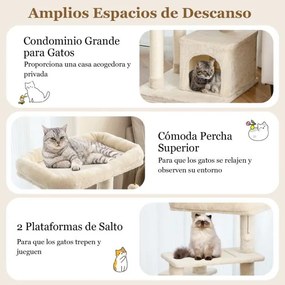 Arranhador para gatos de 4 níveis com postes para arranhar Plataforma superior em felpa 63 x 56,5 x 85 cm Bege
