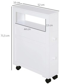 Armário Casa de Banho para Espaços Reduzidos com 4 Rodas Prateleira Aberta e Gavetas 16x52x71,5 cm Branco