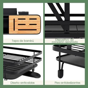 Conjunto de escorredor duplo e secador de louça, escorredor de metal de 2 camadas com suporte para utensílios cozinha Preto