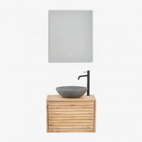Conjunto De Móveis De Banheiro De Madeira Suspensos Deleyna Madeira Natural & Cimento Cinzento Redondo Ø40 Cm Tarsis & Led - Sklum