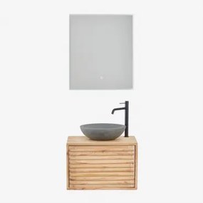 Conjunto De Móvel De Casa De Banho Suspenso 60x45 Cm Em Madeira Deleyna Madeira Natural & Cimento Cinzento Redondo Ø40 Cm Tarsis & Led - Sklum