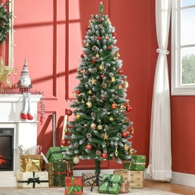 Árvore de Natal Artificial com Neve 508 Ramos Realistas 49 Pinhas Base Dobrável e Suporte de Aço Ø73x180 cm Verde e Branco