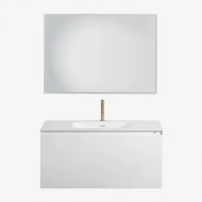 Conjunto De Móvel De Casa De Banho Suspenso Em Madeira Com Lavatório Integrado Macrae Branco & Led Retangular E Anti-embaciamento 100x70 Cm Riben & Do