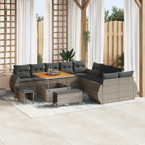 Conjunto de Sofá de Jardim de 13 Peças com Almofadas Cinza Rattan Poli