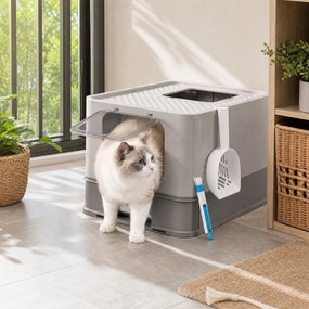 Caixa de areia gatos com gaveta, caixa de areia em aço inoxidável 54,3 x 42,5 x 37,8 cm, 2 entradas Cinzento