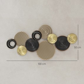 Decoração de parede em metal 100 x 50 cm, escultura de parede em metal, design exclusivo com vários discos, , cáqui e preto