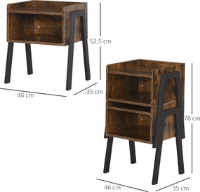 Conjunto de 2 mesas de cabeceira empilháveis, mesas de cabeceira em madeira, mesa auxiliar de estilo industrial, 46 x 35 x 52,5 cm, castanho rústico e