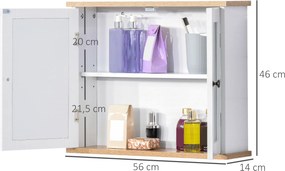 Armário de parede com espelho para casa de banho 56 x 14 x 46 cm, de 2 níveis, com 1 prateleira ajustável e 2 portas em branco