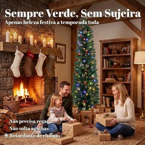Árvore de Natal Estreita com 170 Luzes LED Bicolor, 180 cm, 351 Ramos Ignífugos, 11 Modos, 25 Pinhas, 25 Bagas Vermelhas, Comando, Verde