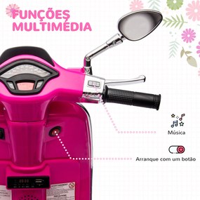 Moto Elétrica para Crianças com Licença Vespa 6V com USB MP3 Luz LED Rádio FM  Velocidade 3 km/h 107x47x73 cm Rosa