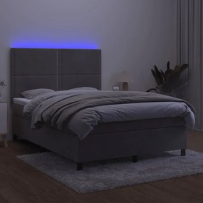 Cama box spring c/ colchão/LED 140x200 cm veludo cinzento-claro