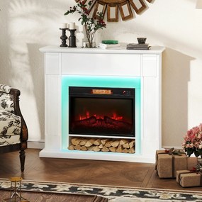 Lareira Elétrica com Efeito de Chama 3D e Tira de Luz LED RGB 1800W Temporizador  para 30 m² 105x27x97 cm Branca