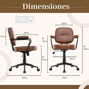 Cadeira de escritório ergonómica estilo meados do século com braços acolchoados, giratória e ajustável em altura com rodas castanho