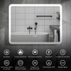 Espelho de Casa de Banho com Luz LED 80x60 cm Bluetooth 3 Cores de Luz Relógio Digital Função Antiembaciamento Função de Memória Prata