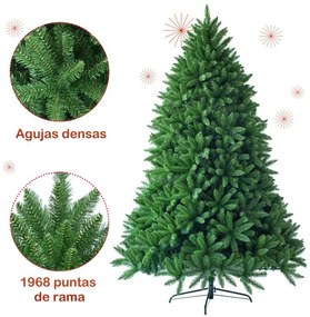 Árvore de Natal de 2,25 m sem iluminação com 1968 ramos artificial com base metálica resistente Verde