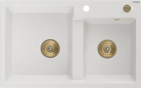 Mexen Tomas lava-louça de granito 2-comportas 800 x 500 mm, branco, sifão dourado - 6516802000-20-G
