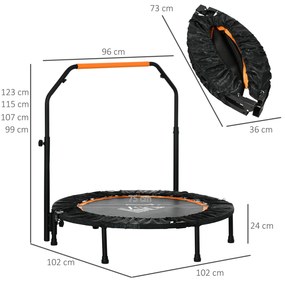 Trampolim Fitness Ø102 Trampolim Dobrável com Pega Ajustável em 4 Níveis Estrutura de Aço Preto e Laranja