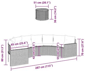 Sofá de jardim com mesa e almofadões semicircular vime PE preto