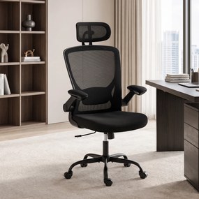 Cadeira de Escritório Ergonómica, 65 x 64 x 129 cm, Apoio Lombar e de Cabeça Reguláveis, Preto