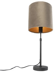 Candeeiro de mesa preto com cúpula em veludo castanho-acinzentado com dourado 25 cm - Parte Country / Rústico