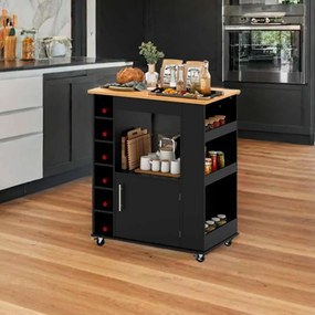 Carrinho de cozinha com rodas, toalheiro e tampo de bambu para sala de jantar e bar Estante para 6 garrafas de vinho 76 x 44 x 89 cm Preto