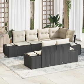 Conjunto de Sofá de Jardim de 7 Peças com Almofadas Preto Rattan Polié