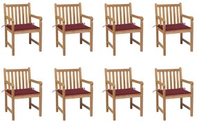 vidaXL Cadeiras de jardim almofadões vermelho tinto 8 pcs teca maciça
