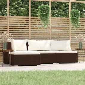 vidaXL 4 pcs conjunto lounge jardim c/ almofadões vime PE castanho