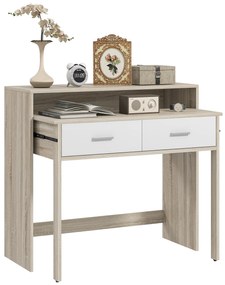 Mesa Consola de Entrada de 2 Níveis com Trilhos Deslizantes 2 Gavetas 2 Rodas Móvel de Entrada 95x35x87 cm Madeira e Branco